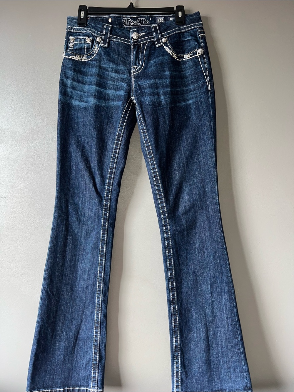 Miss Me Dark Blue Bootcut Jeans with Contrast Stitching & Rhinestones